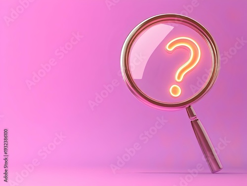 magnifying glass over glowing neon question mark on violet pink gradient. problem solving and search 
