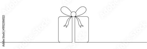 Continuous one line drawing of a gift box with a ribbon bow for celebration events. Editable stroke outline. Draw thin linear width. Single contour art. Doodle hand drawn vector illustration