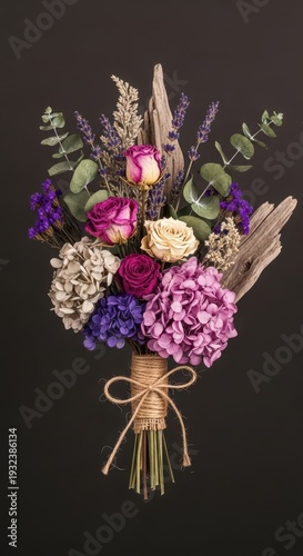 Nostalgic floral arrangement featuring dried blossoms and rustic textures, presented in a faded sepia monochromatic palette for vintage appeal, still life, greeting card, wedding