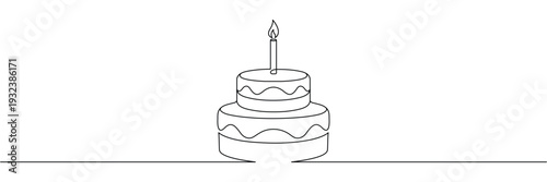 Continuous one line drawing of a two tiered birthday cake with a single lit candle. Editable stroke outline. Draw thin linear width. Single contour art. Doodle hand drawn vector illustration
