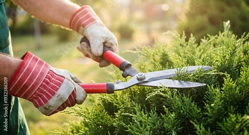 Close-up of an adult man gardener wearing protective gloves trimming a green shrub with red hedge shears in a sunny backyard garden during the day