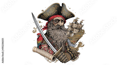 Pirate Captain with Sword Parrot and Sailing Ship Detailed Illustration