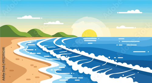 A serene beach scene with ocean waves, sand, mountains and a setting sun