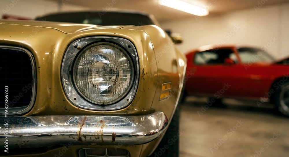 Obraz premium Close-up of a vintage mustard yellow muscle car headlight and chrome bumper in a garage, with a blurred red classic sports car in the background, showing automotive elegance and detail.