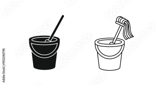 Two buckets with cleaning tools a mop and a brush in black and white