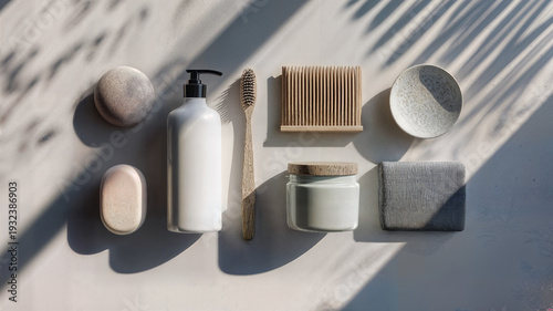 Wallpaper Mural Natural bathroom accessories display with minimalist organic products under bright daylight shadows Torontodigital.ca