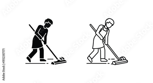 Two black and white icons depicting a person cleaning with a broom