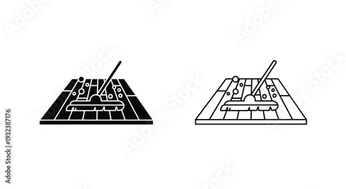 Two line art depictions of a floor mop and bucket set