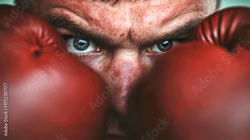 An extreme macro shot focused on the impregnable defense formed by a boxer's gloves and forearms in the high guard stance