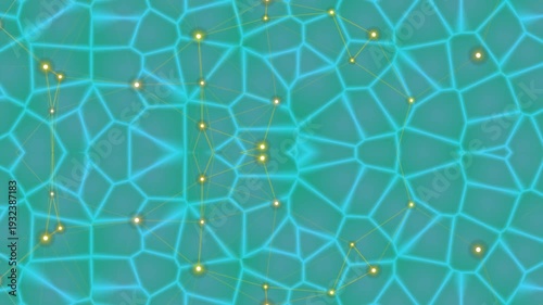 Abstract digital art presentation background with geometric shapes and gold dots on a mosaic pattern