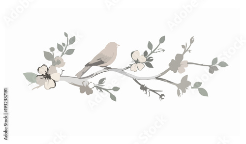 Floral Tree Branch with Bird Wall Art Sticker Concept Vector Illustration
