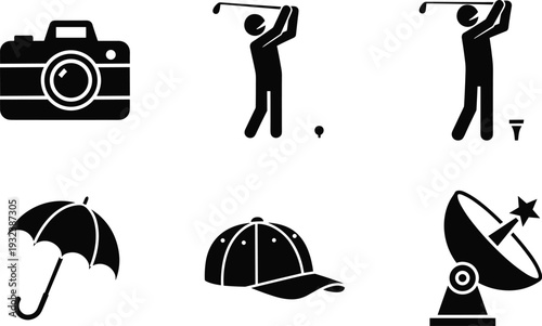 Black silhouette icons of camera, golfers, umbrella, baseball cap, and satellite dish symbolizing sports, lifestyle, technology, and everyday objects