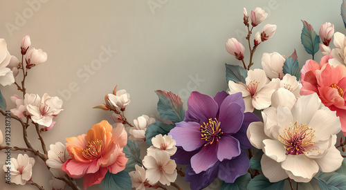 Elegant spring illustration painting background with vibrant blooming flowers delicate in soft colors layout with open empty space.