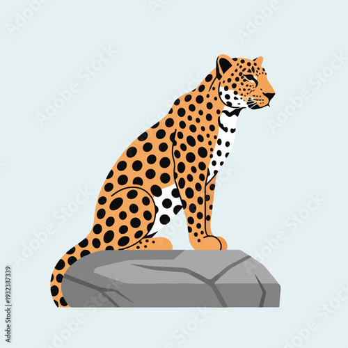 A sitting feline with spotted coat atop a gray rock
