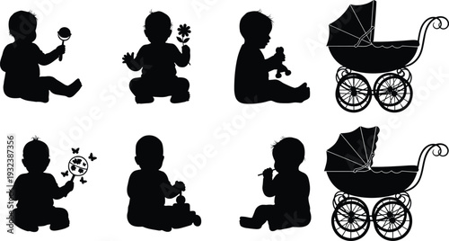Black silhouette illustration of babies with toys and ornate carriages, playful childhood artwork concept emphasizing care and development