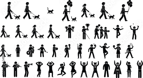 Black silhouette icons of people engaging in sports, music, dance, celebration, hobbies, playful costumes, and social activities collection