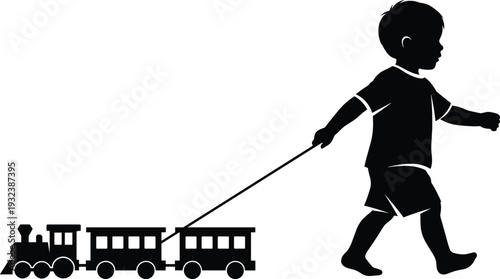 Black silhouette illustration of child walking and pulling toy train with string showing locomotive and passenger cars on wheels