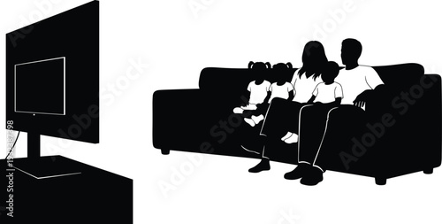 Black silhouette illustration of family sitting on couch watching television symbolizing togetherness, leisure, entertainment, and shared experiences