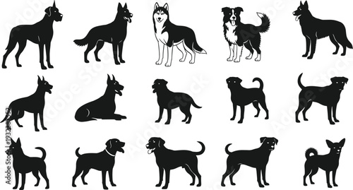 Collection of dog breed silhouettes in varied postures and sizes, including large and small dogs, arranged on white background for design, education, and creative illustration use.