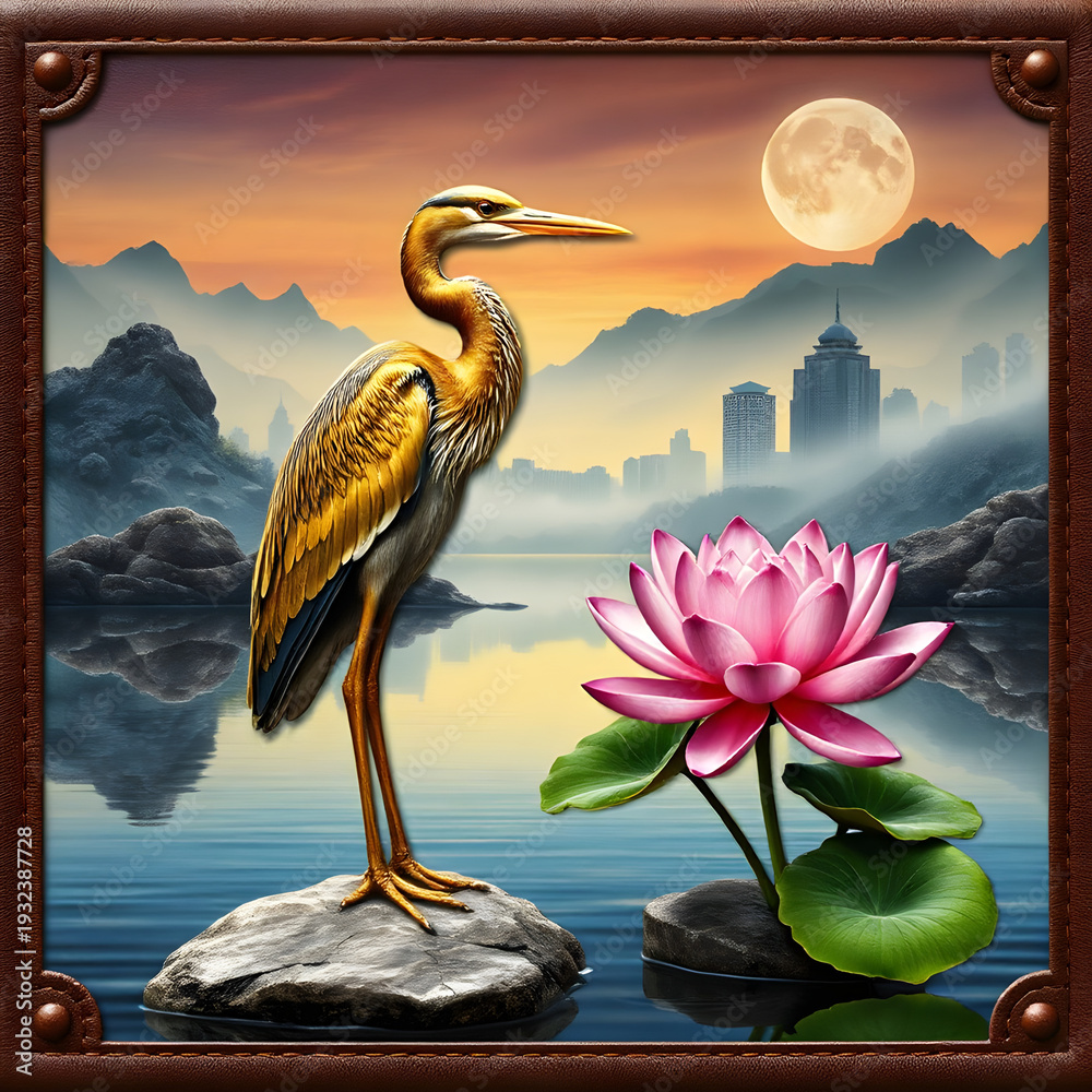 Fototapeta premium Heron at sunset near a pool 