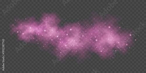Magical pink cloud or fog with glowing particles. Fairy smoke isolated on transparent background. Stardust effect. Festive glitter lights for holiday or fantasy design. Vector illustration.