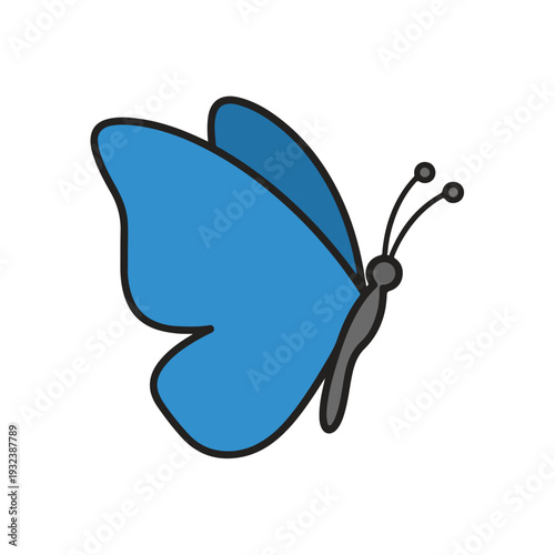 A simple, cartoon illustration of a blue butterfly, with black outlines