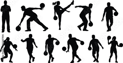 Collection of basketball player silhouettes in varied poses, including dribbling, shooting, passing, and holding the ball, arranged on white 