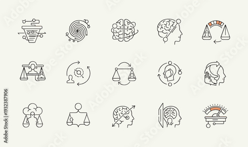 Premium Psychological Balance  Cognitive Science Icon Pack - 15 Minimalist Line Art Graphics for Mental Health, Ethical Judgment, Brain Analysis  Wellness UI Assets