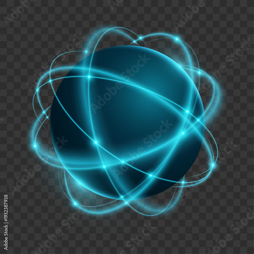 Abstract glowing atom featuring blue elliptical rings circling a radiant central core on transparent background. Atomic structure. Vector illustration.