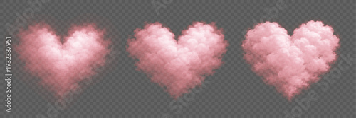 Set of pink hearts clouds isolated on transparent background. Soft fluffy smoke forming romantic heart symbols with realistic vapor texture for Valentines Day or wedding invitations. Vector.
