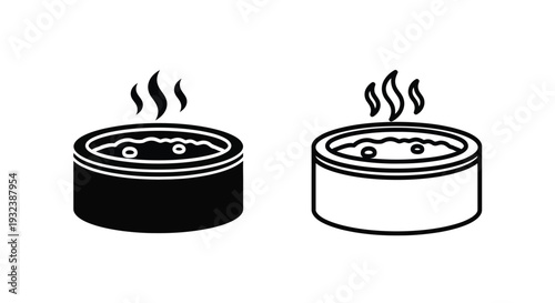 Two depictions of a steaming hot bowl of ramen noodles in black and white