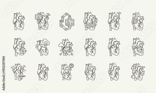 Premium Advanced Cardiology  Heart Technology Icon Pack - 18 Minimalist Line Art Graphics for Digital Health Monitoring, Robotic Heart Surgery  Biotech UI Assets
