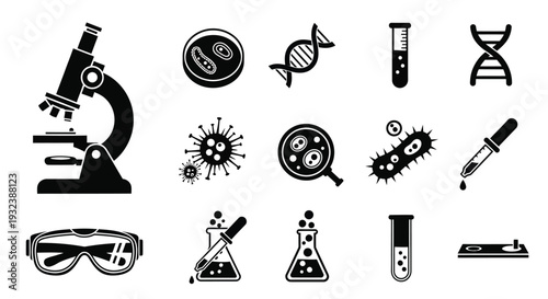 Black silhouettes depicting various tools and elements of biological science