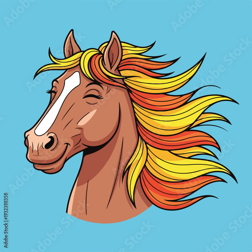 A smiling horse with flowing mane, side view, on a light blue backdrop