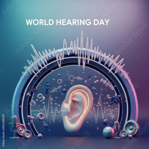 World Hearing Day 3D illustration with ear and sound waves