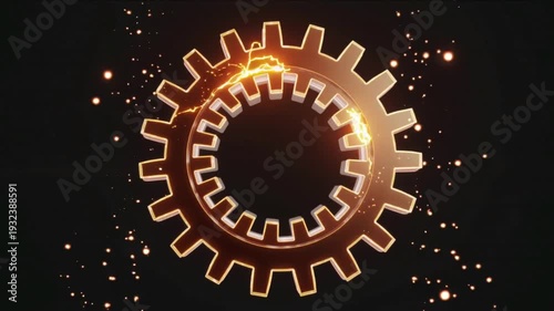 Glowing Gear Mechanism with Sparkling Energy Effect 3 D Animation Industrial Technology Concept