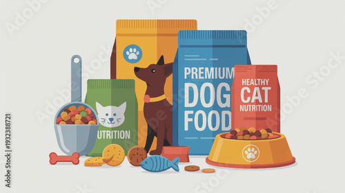 Pet food and nutrition products for dogs and cats on a table with bowls and bags