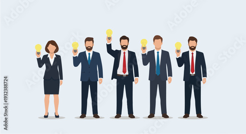 Business team holding glowing light bulbs, representing innovative ideas, creative problem-solving, and collaborative success in a professional environment