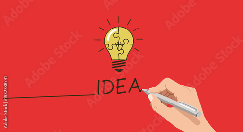 A hand drawing a lightbulb made of puzzle pieces, symbolizing a bright idea and creative thinking on a red background