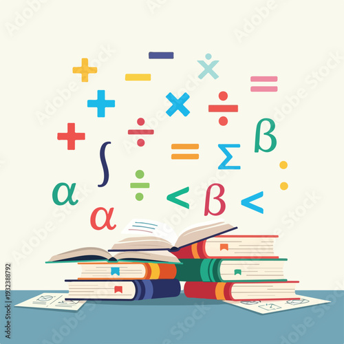 A stack of books, math symbols floating above, on light beige background