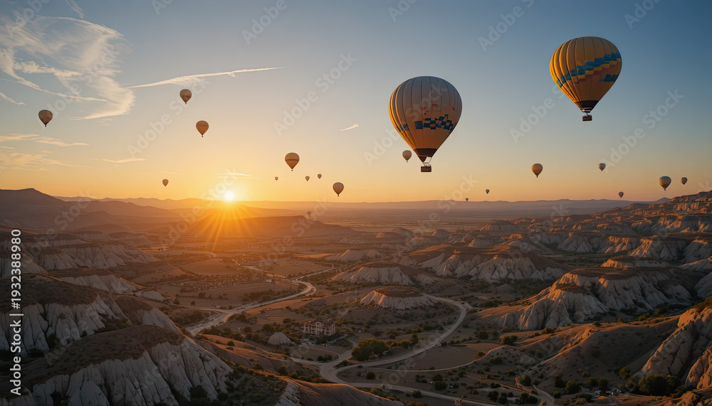 Fototapeta premium Hot air balloons flying over mountains at sunrise with vibrant colors