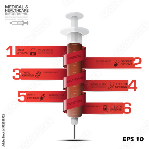 6-Step Medical and Healthcare Infographic. Vector Illustration of a Syringe with Red Spiral Ribbon Banners and Clinical Icons