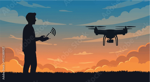 Silhouette of a person operating a modern drone with a remote controller against a beautiful sunset sky, showcasing advanced aerial technology and outdoor recreation