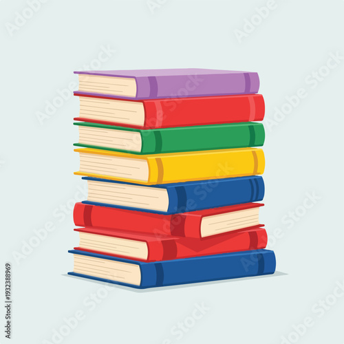 A stack of illustrated colorful books, set against a light background