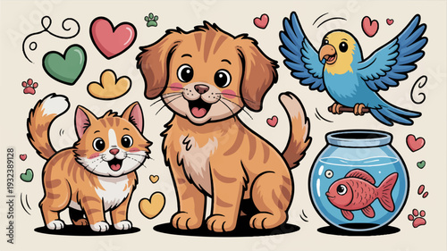 Playful puppy and kitten with bird and fish hearts and flowers around cute animal friends