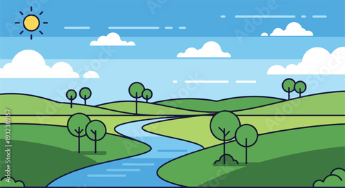 A stylized illustration depicting a sunny landscape with rolling hills