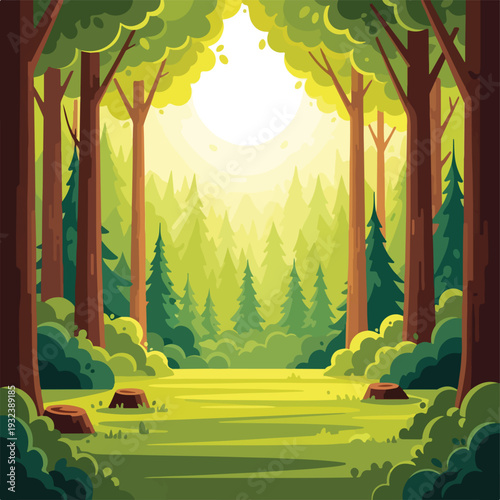 A stylized illustration depicting a vibrant, sunlit forest scene