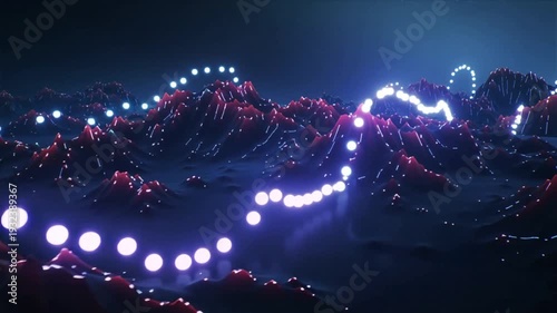 Abstract futuristic landscape with glowing nodes and dynamic light trails over mountainous terrain