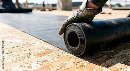 An adult construction worker in red and white safety gloves unrolling a black waterproof roofing membrane on a wooden OSB board outdoors during a bright day for a home improvement project.