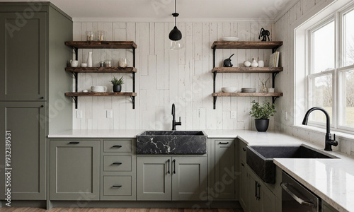 Kitchen farmhouse cabinets feature modern green styling and marble sinks in a contemporary home to create a clean look